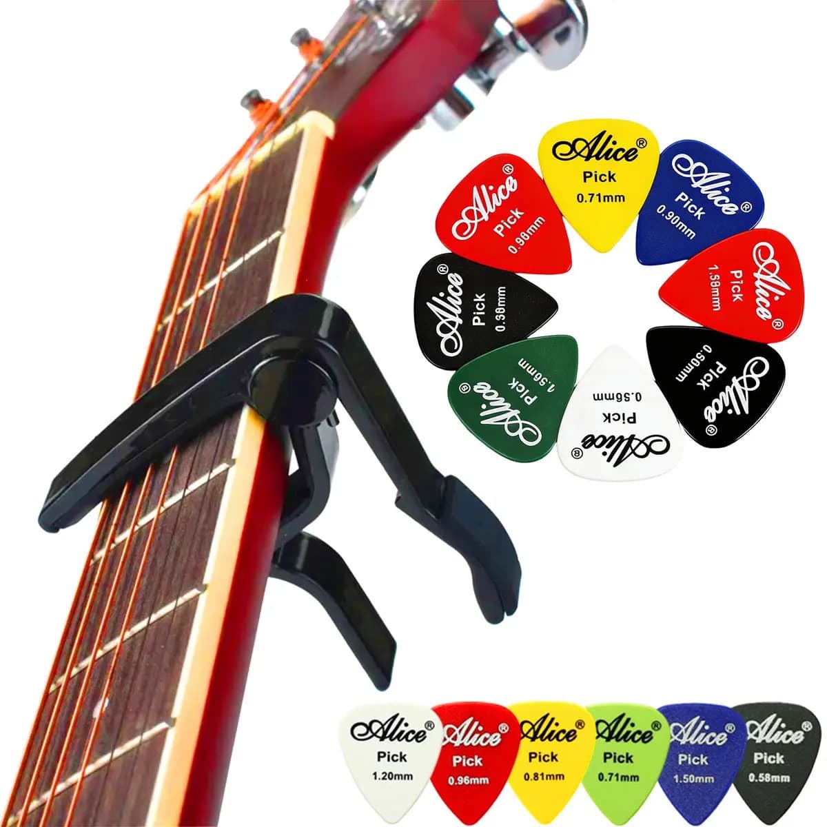 Capotraste de Guitarra de Liga Preta com Troca Rápida e 6 Palhetas - Controle de Precisão para Guitarras Acústicas e Elétricas ZSY