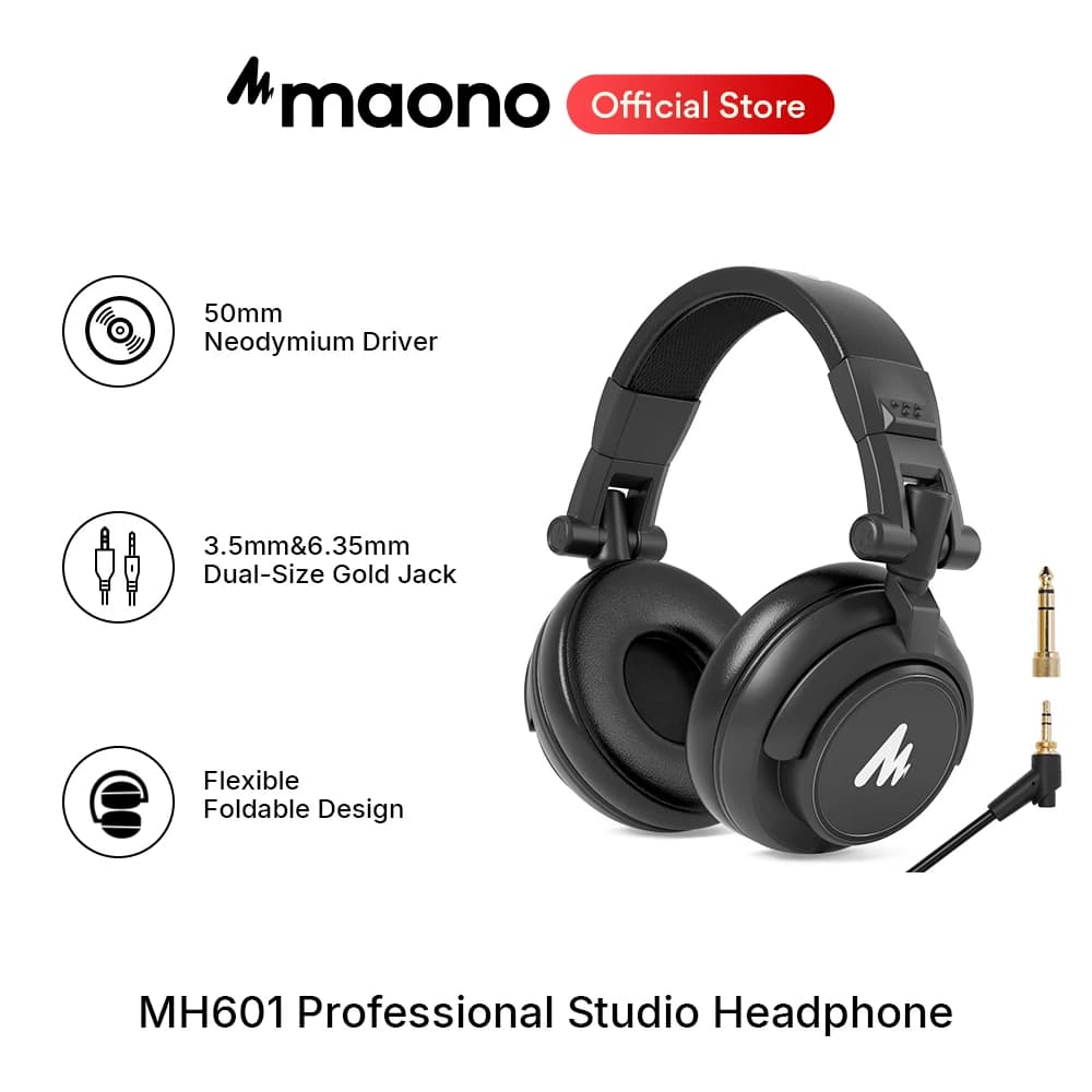Fones de ouvido profissionais Maono MH601, pretos, com design dobrável e driver de 50mm