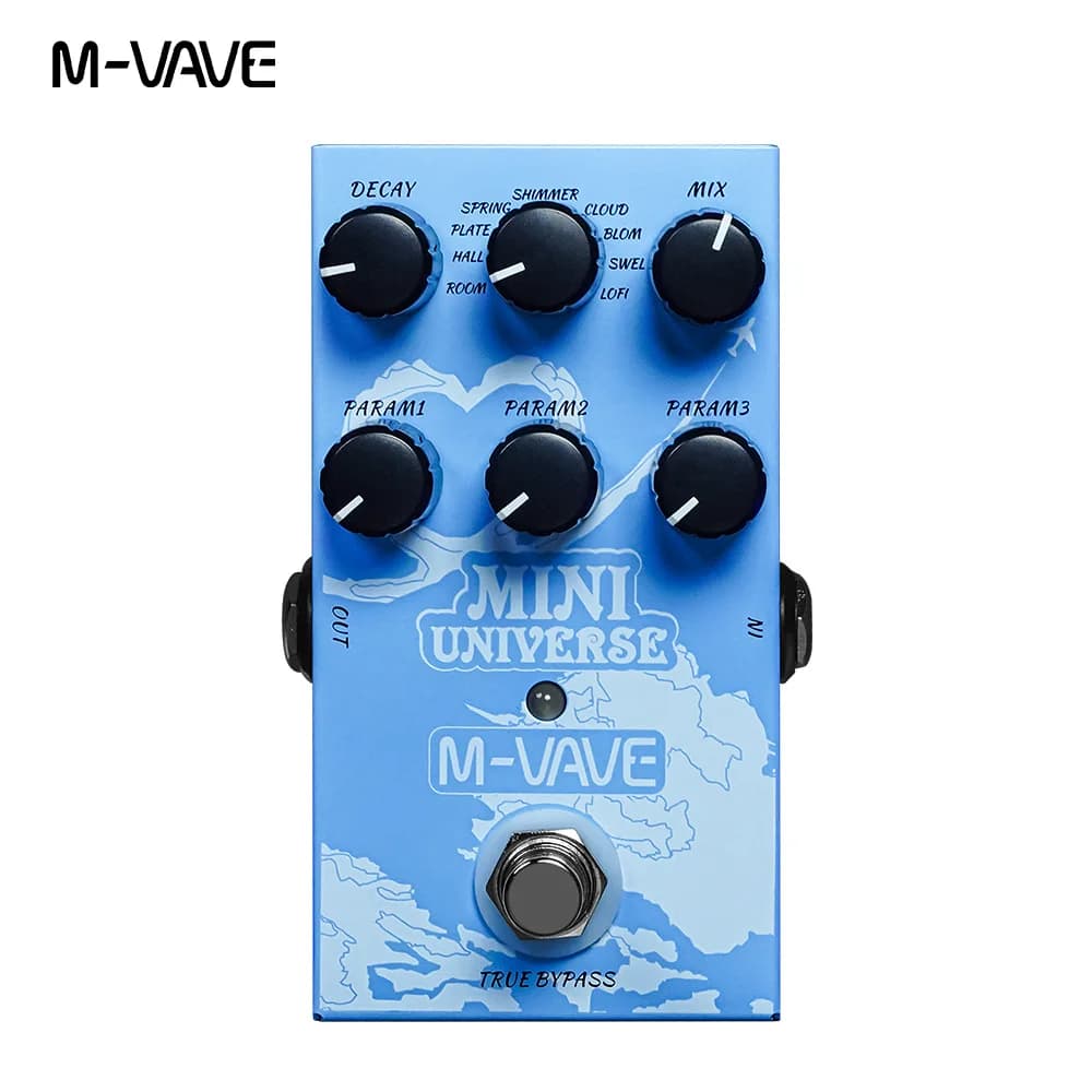 Pedal de efeitos de reverberação M-VAVE MINI-UNIVERSE para guitarra elétrica, azul claro com botões pretos