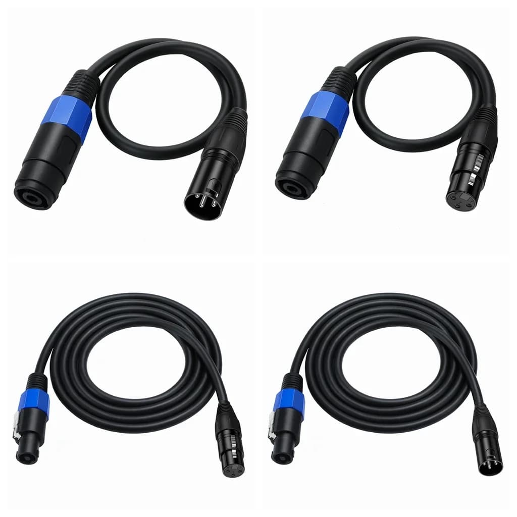 Cabo de áudio Speakon macho para XLR fêmea, preto com detalhes em azul, para uso em shows e PA.