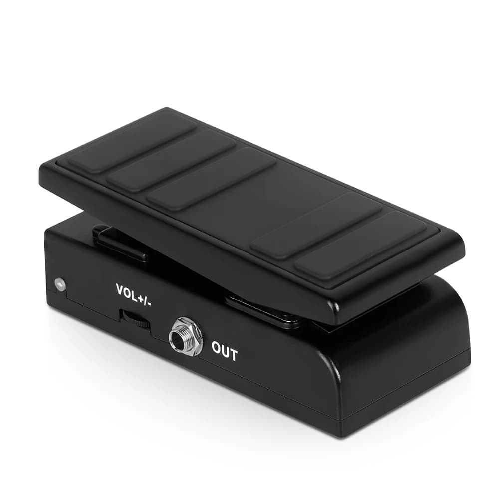 Pedal de controle de volume VEDO-Wah preto com texto VOL+ e OUT