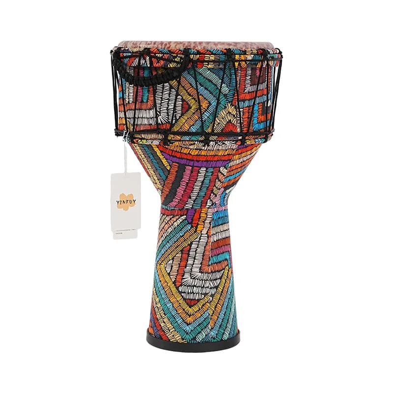 Djembe de 10 polegadas multicolorido com design geométrico, etiqueta branca