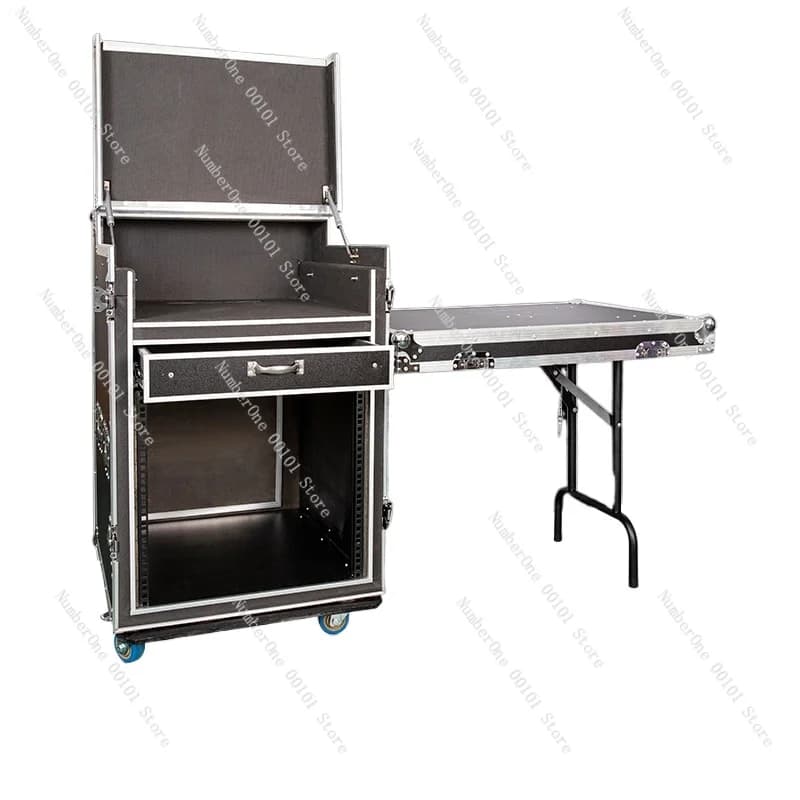 Chassi amplificador de potência profissional 16U com prateleira misturadora, compartimentos e rodas, configuração 8U, 6U, 12U, preto e prata.