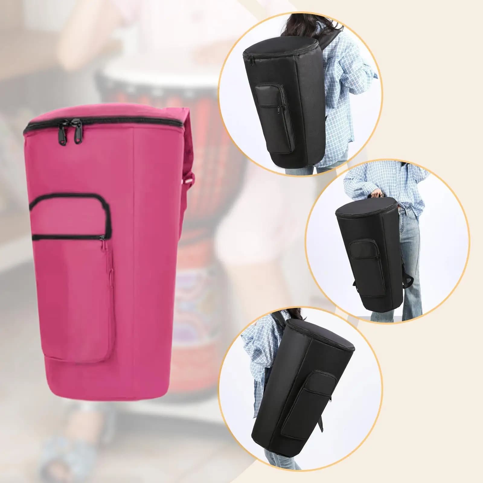 Bolsa para djembe de 10 polegadas em pano oxford, com compartimento principal e bolsos laterais, rosa com detalhes pretos e cinza.