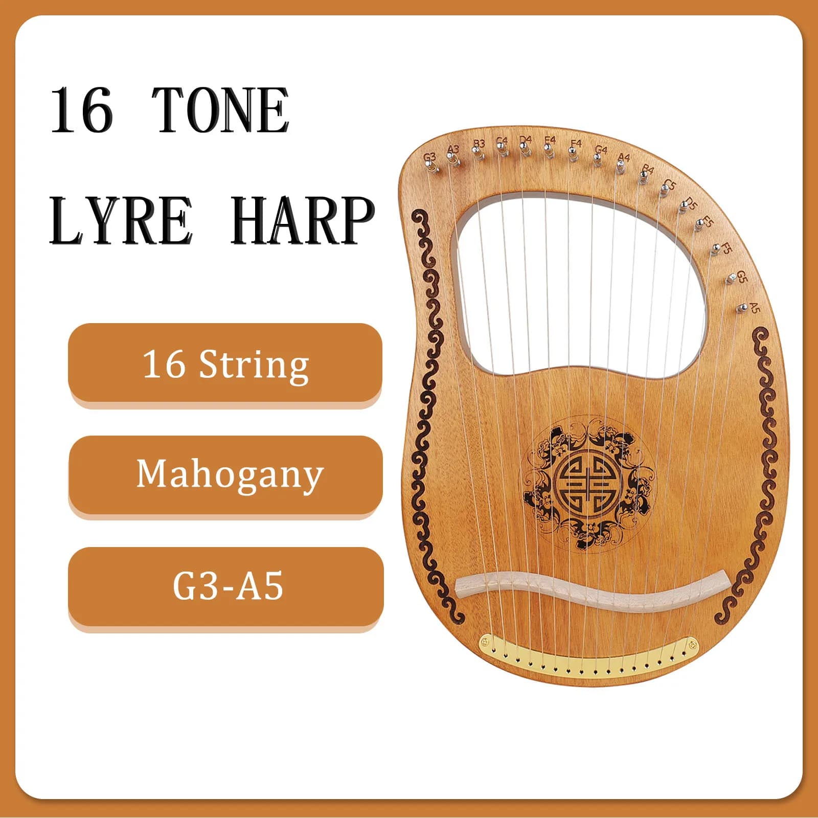 16 cordas lira harpa mogno G3-A5 harpa de madeira 16 notas harpa com ferramenta de afinação instrumento de cordas para crianças adultos iniciantes
