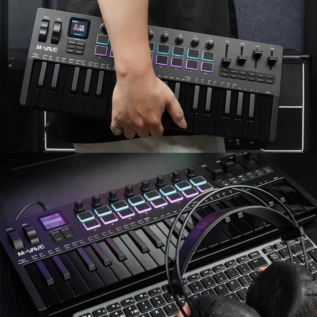 M-VAVE SMK-37 PRO Controlador MIDI de 37 teclas Preto 16 RGB Pads 8 botões Sintetizador embutido Teclado portátil Controlador MIDI