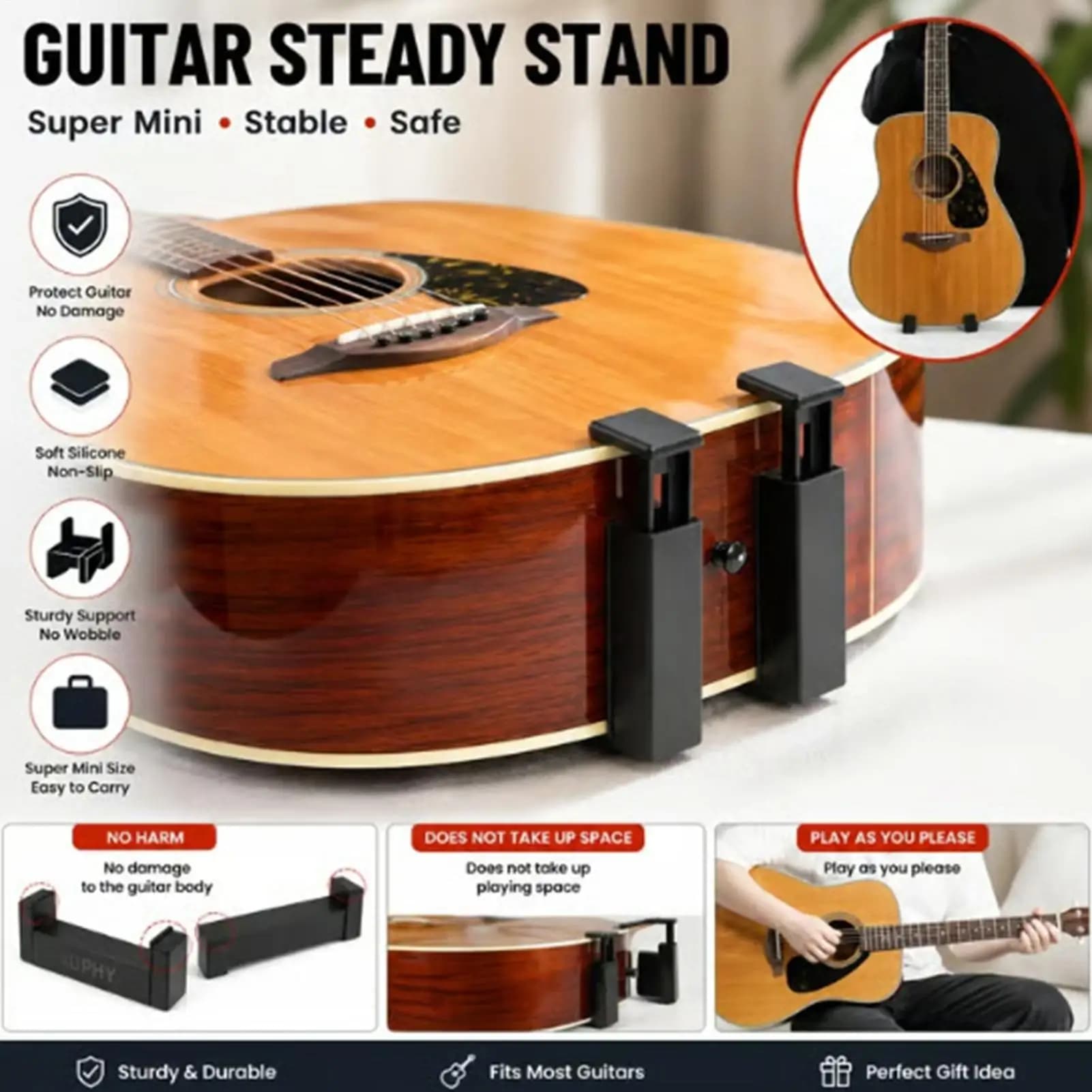 Suporte de Chão Portátil para Guitarra, Ukulele, Baixo Elétrico, Baixo Acústico, Banjo e Outros Instrumentos Musicais - Ideal para Viagem