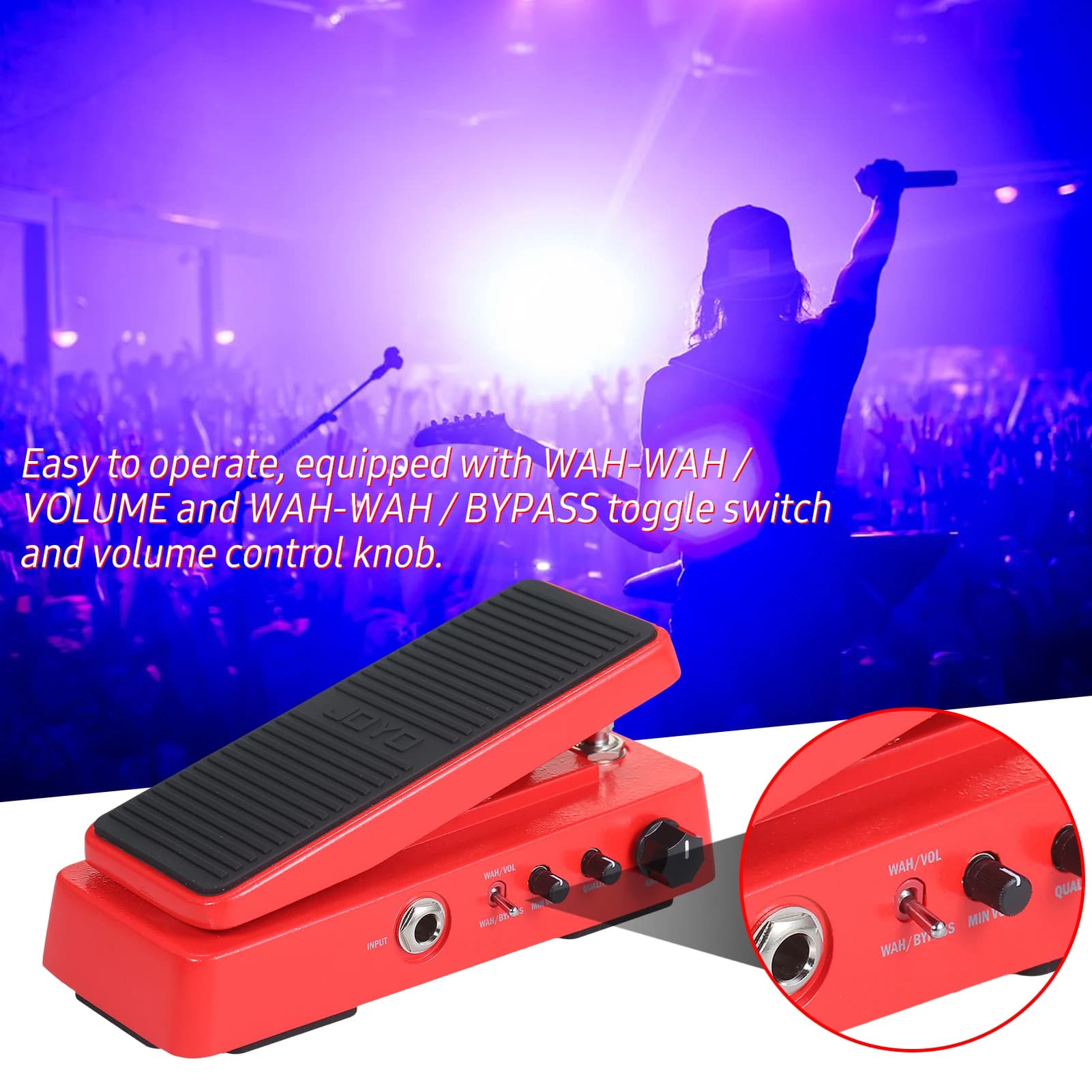 Pedal de efeito Wah-Wah para guitarra elétrica vermelho com controles de volume e bypass.