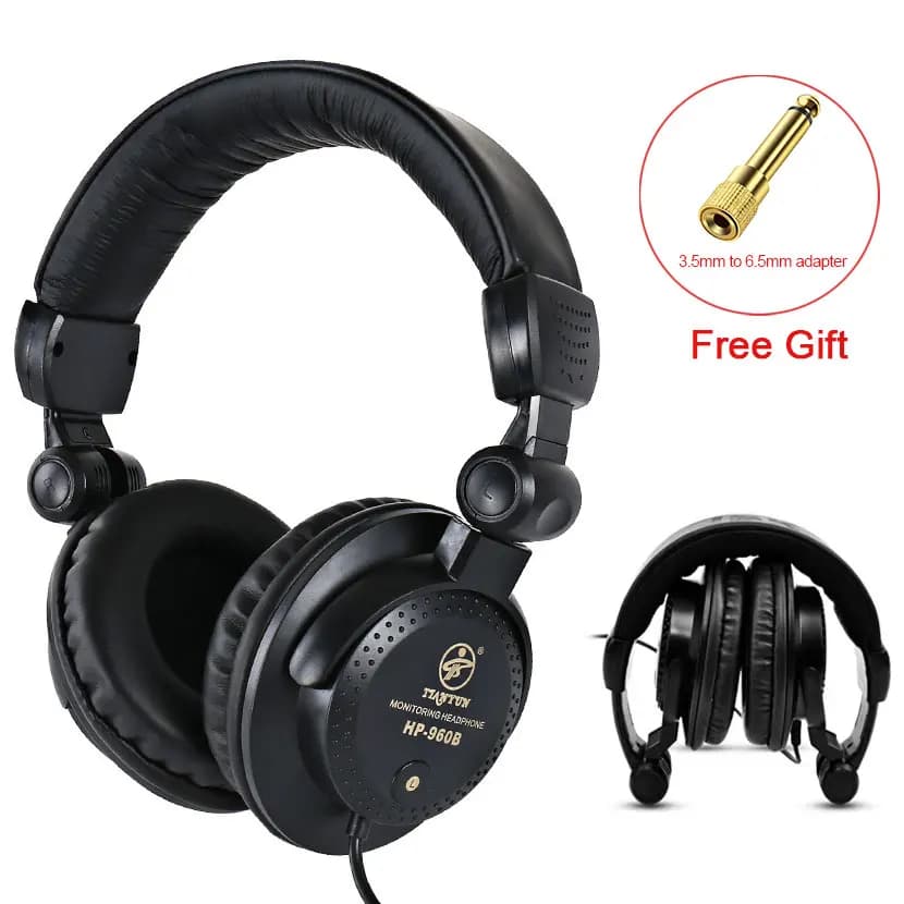 Fones de ouvido HP-960B com adaptador de 3.5mm a 6.5mm, pretos com detalhes dourados