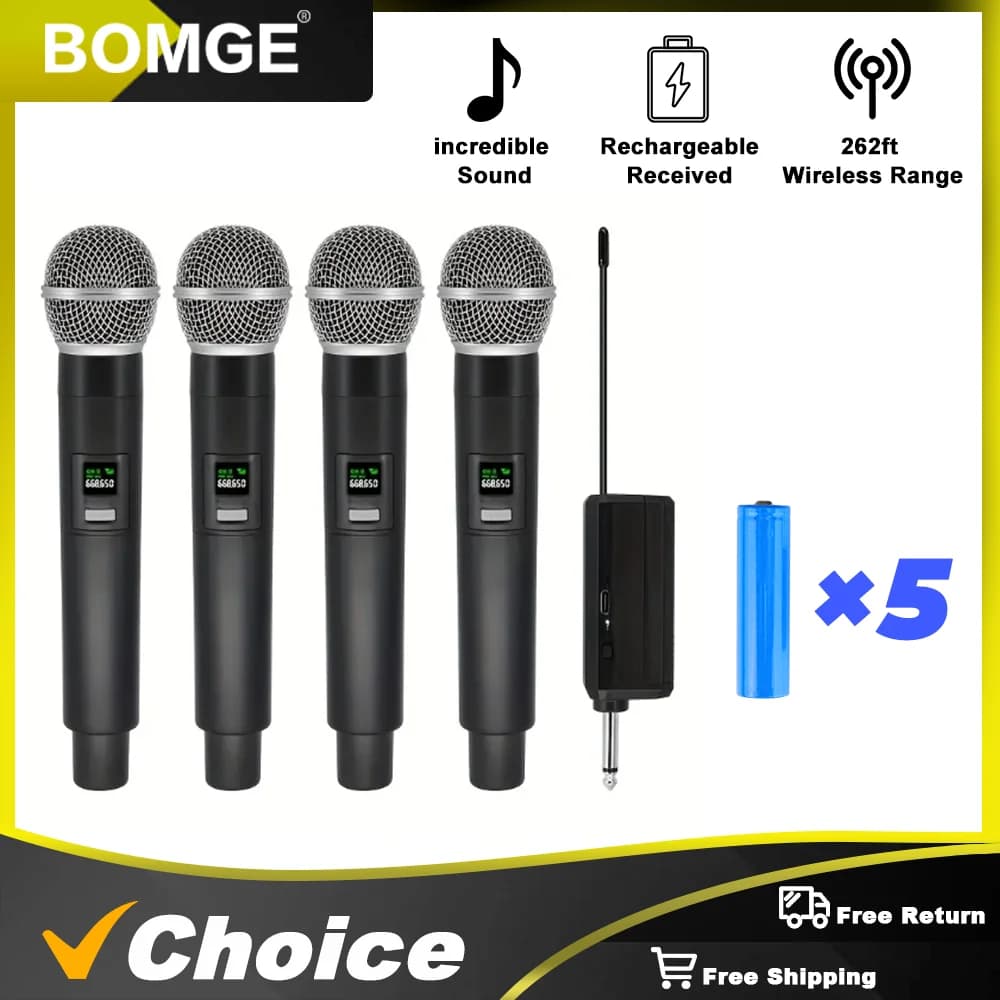 BOMGE Microfone sem fio de 4 canais Microfone de karaokê de frequência fixa com bateria receptor recarregável para alto-falante de festa em casa