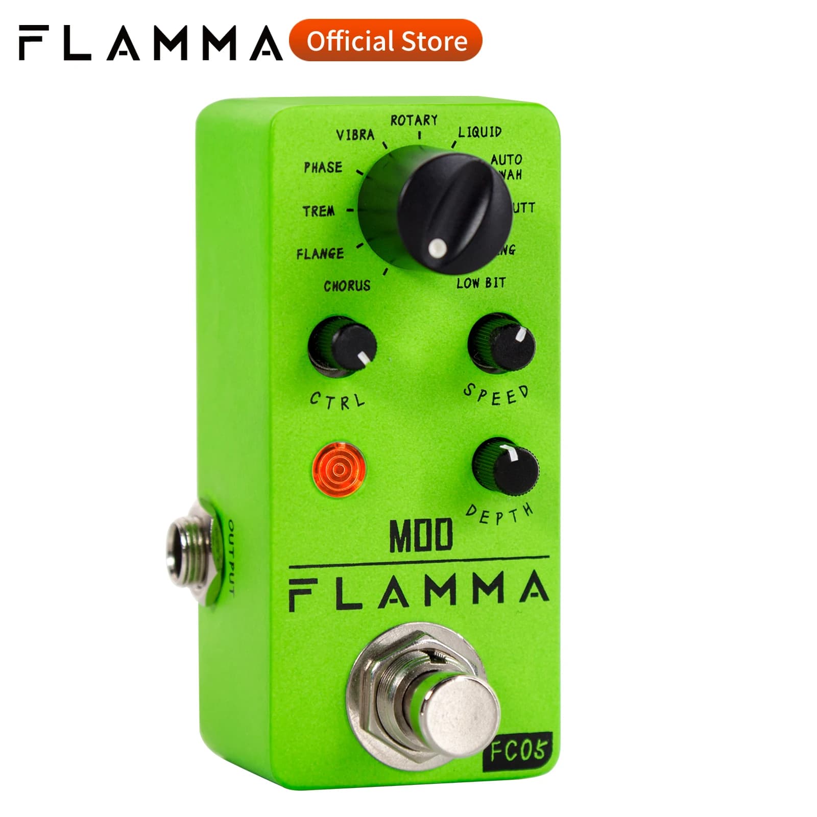 Pedal de guitarra multi-efeitos FLAMMA FC05 em verde neon com controles rotativos e botões para ajustes de vibrato, fase, tremolo, flange, chorus, controle, velocidade e profundidade.