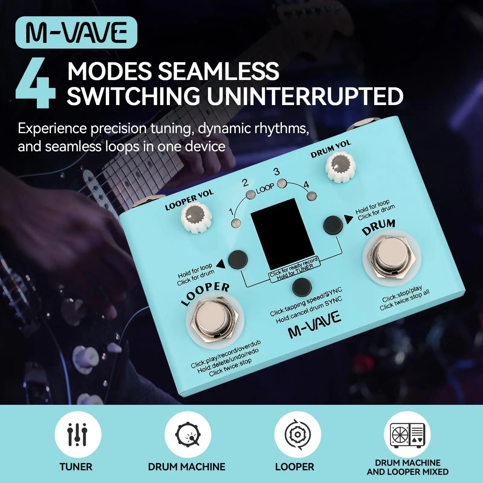 Pedal de efeitos M-vave Lost Tempo para guitarra/baixo, ciano, com botões de ajuste e texto.