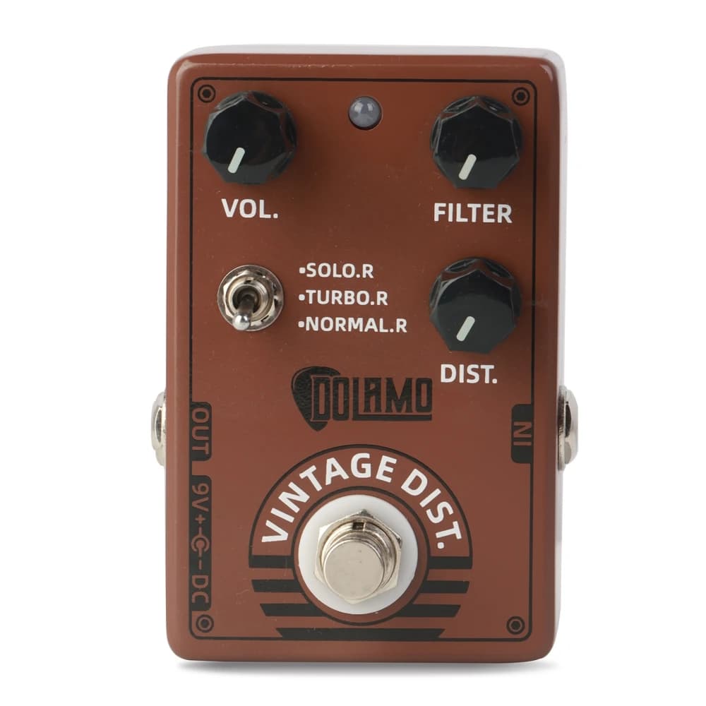 Pedal de efeito de distorção vintage Dolamo D-11, marrom, com botões VOL, FILTER e DIST.