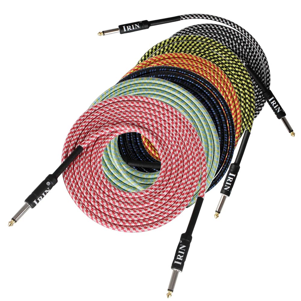 Cabos de guitarra Irin de 3m em cores vermelho, verde, preto, amarelo e laranja, enrolados e prontos para uso.