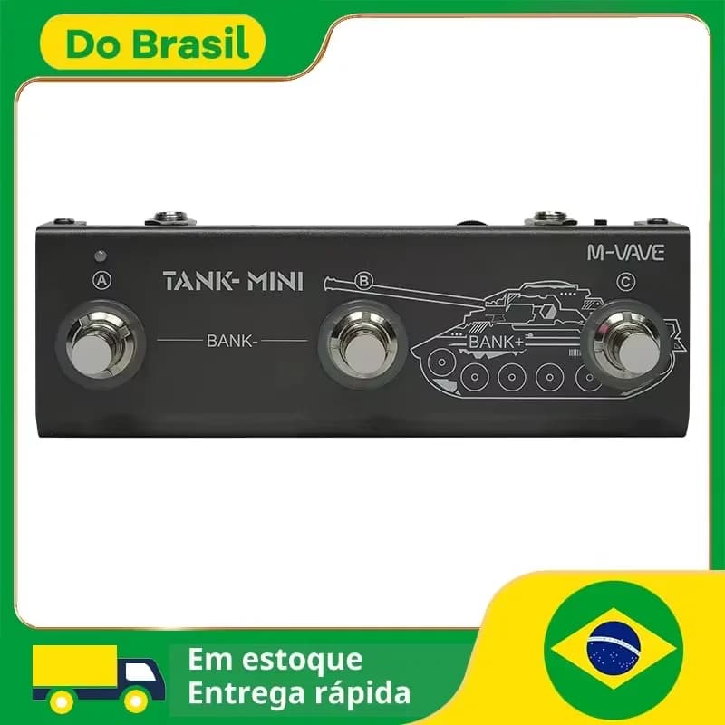 Pedal de guitarra M-Wave Tank Mini em preto com botões rotulados e ilustração de tanque