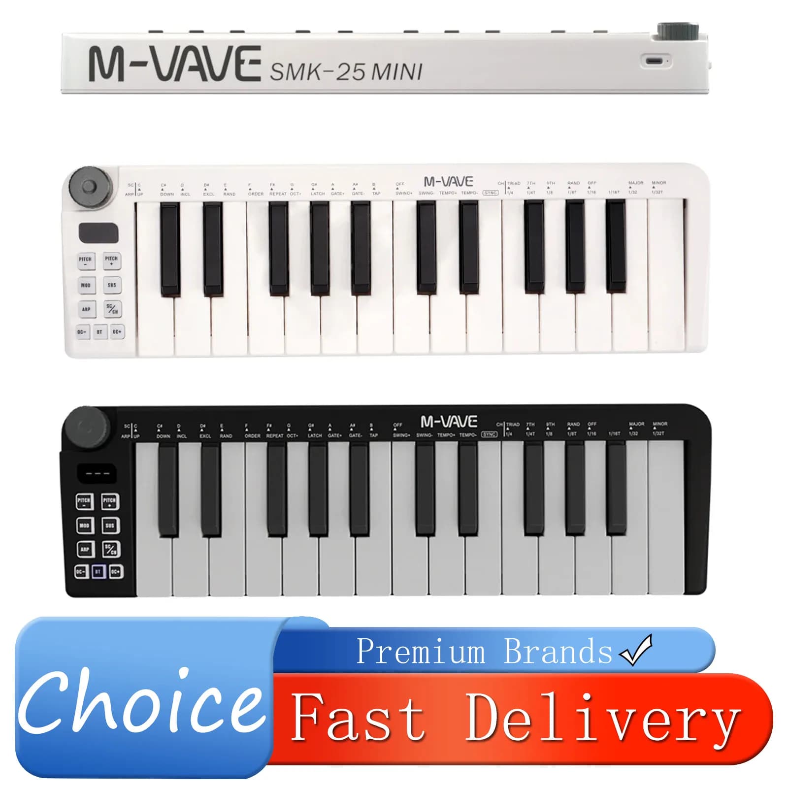 Teclado MIDI Mini M-VAVE SMK-25, Controlador MIDI de 25 Teclas com Teclas Sensíveis à Velocidade, Teclado USB Recarregável, Peças para Guitarra