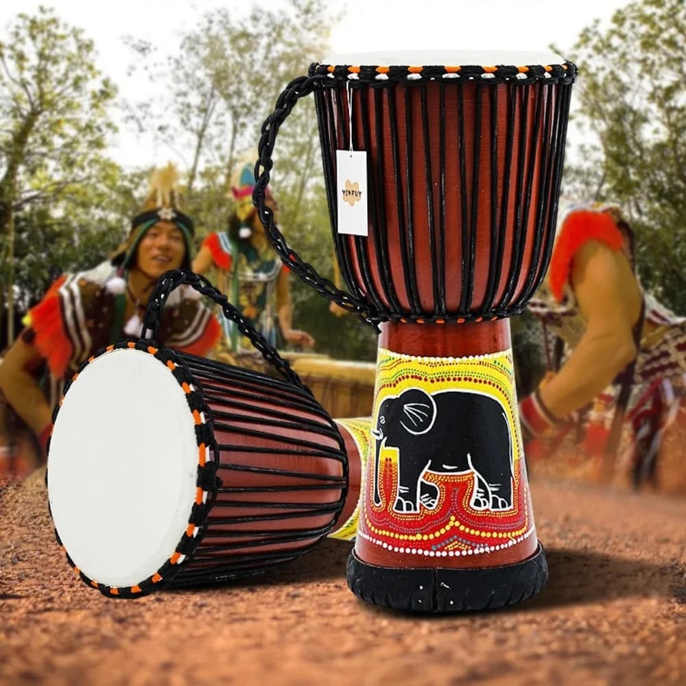 Tambor djembe de 12 polegadas, pele de carneiro, madeira sólida, elefante pintado, indonésia, instrumentos musicais africanos