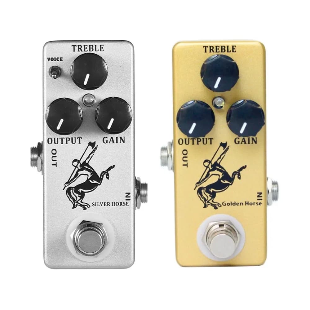 Pedais de efeito de guitarra elétrica Mosky, prata e dourado, com botões de 'VOICE', 'OUTPUT' e 'GAIN'.
