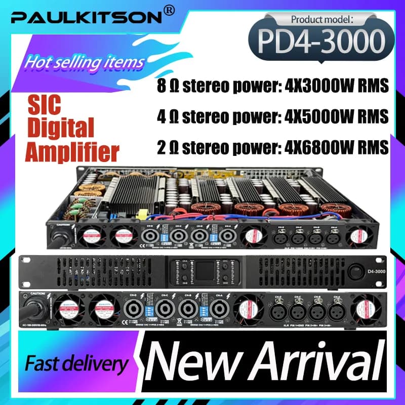 Amplificador de potência profissional Paulkitson PD4-3000 4X3000W 8Ohm 4 canais para DJ, subwoofer e line array