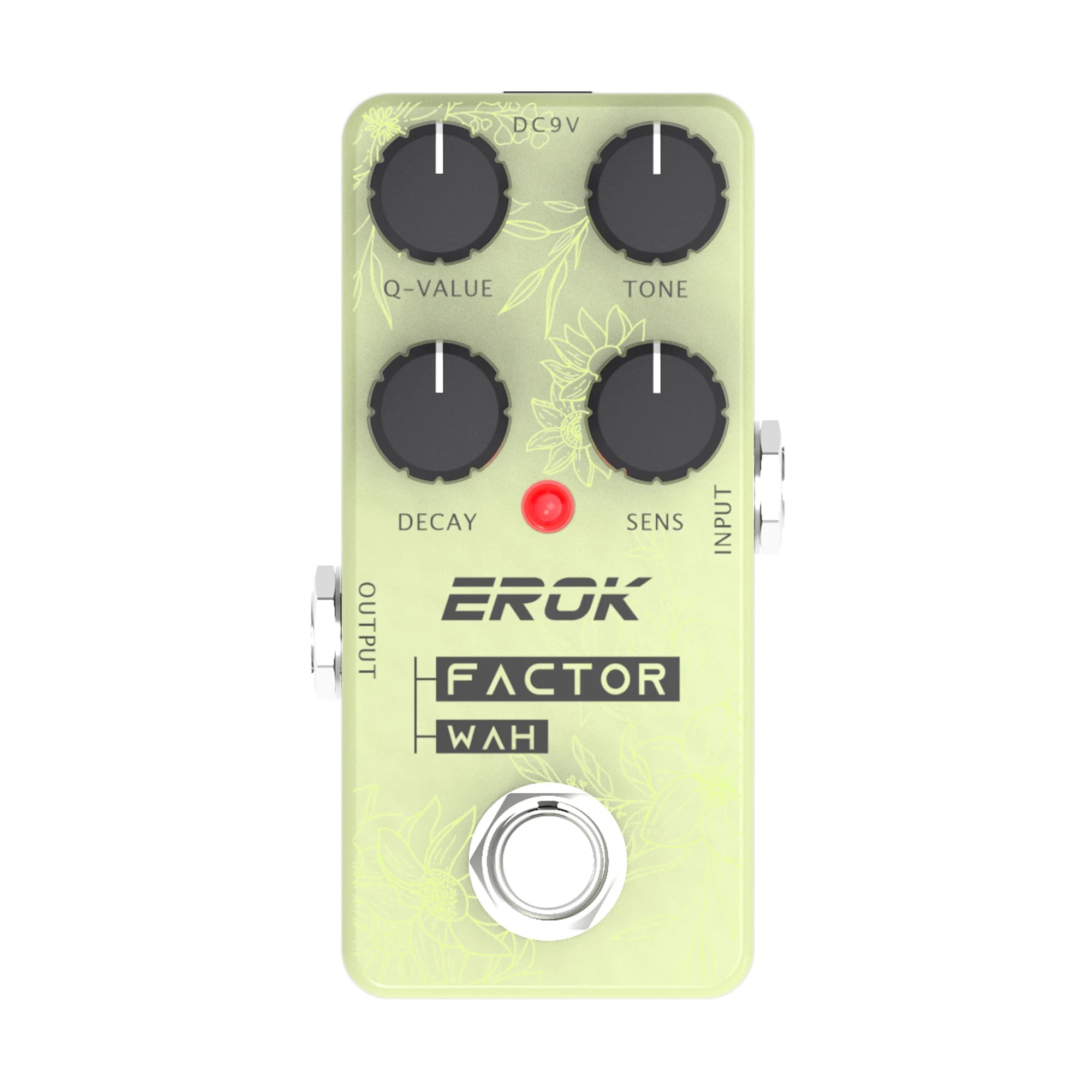 Pedal de efeito Wah EROK verde menta com botões Q-VALUE, TONE, DECAY e SENS