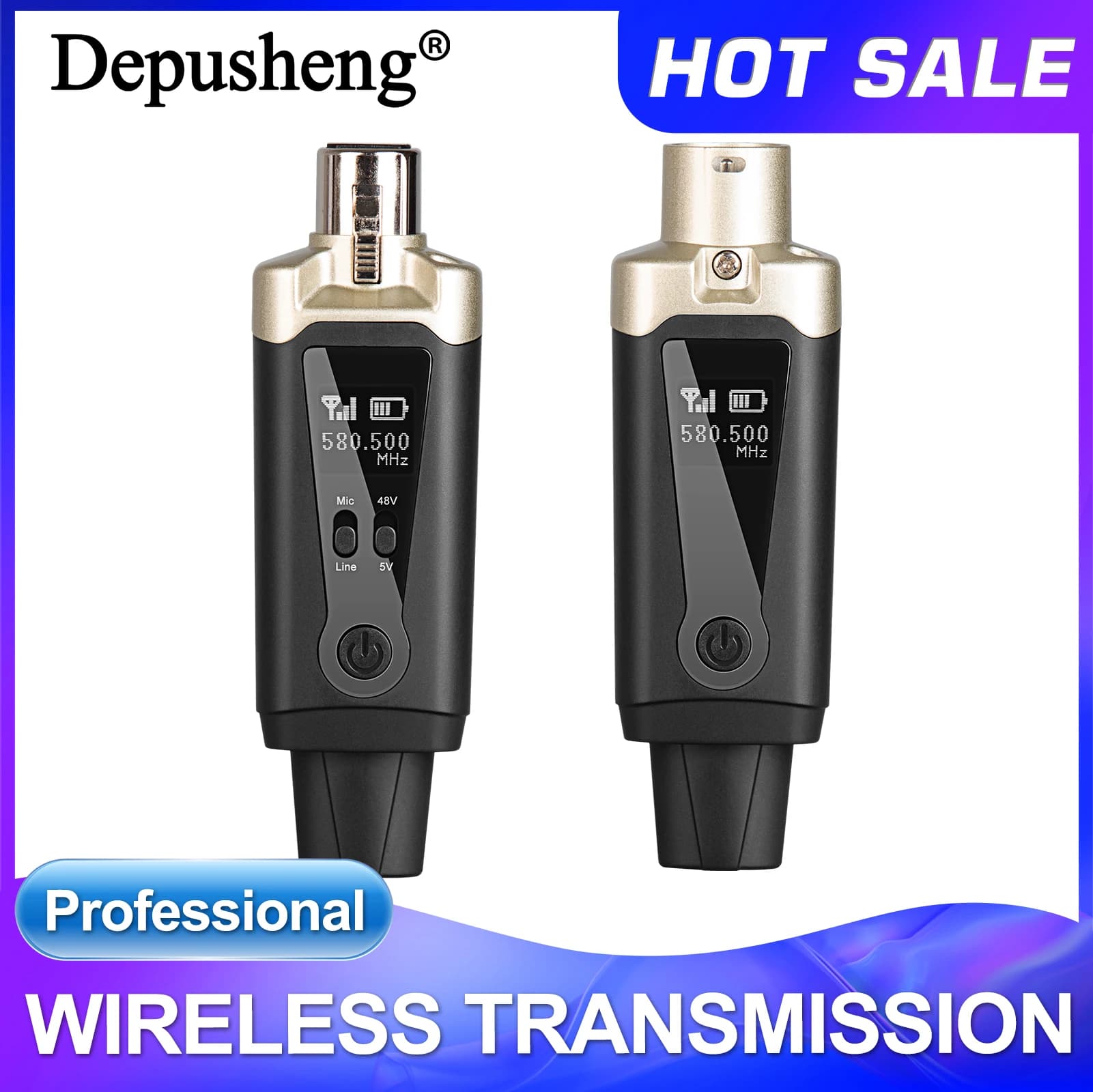 Adaptador de microfone sem fio Depusheng, profissional, transmissão wireless, 580.500 MHz, preto e prata