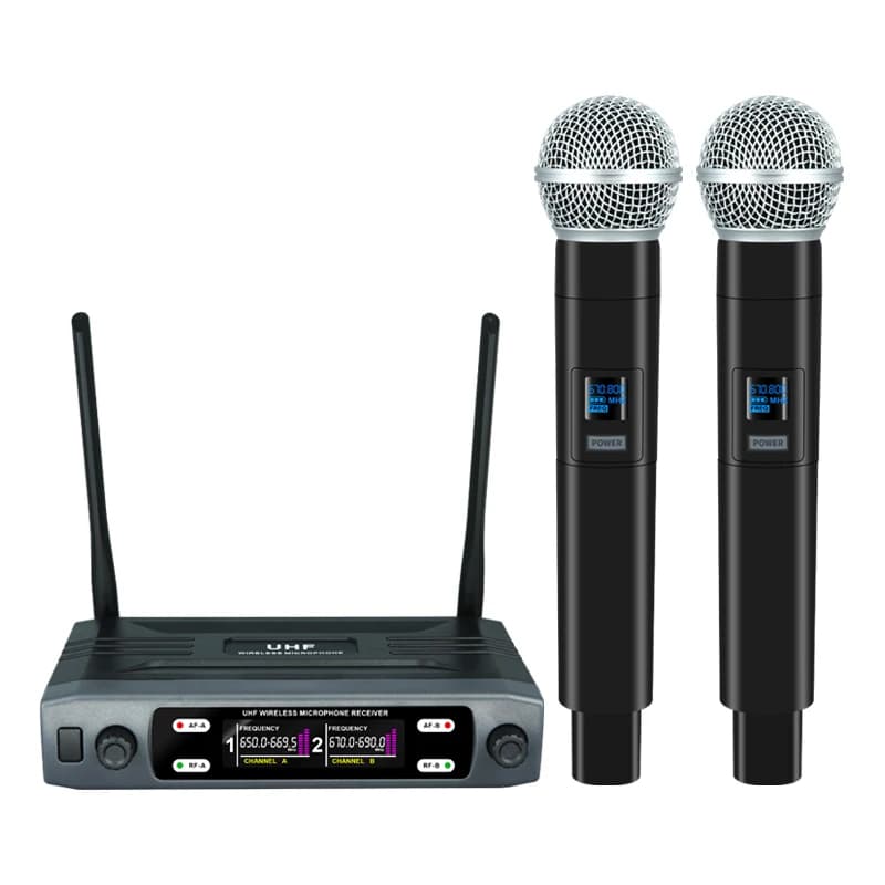 Microfone sem fio portátil UHF com receptor e dois microfones, ideal para karaokê, casamentos e shows de igreja.