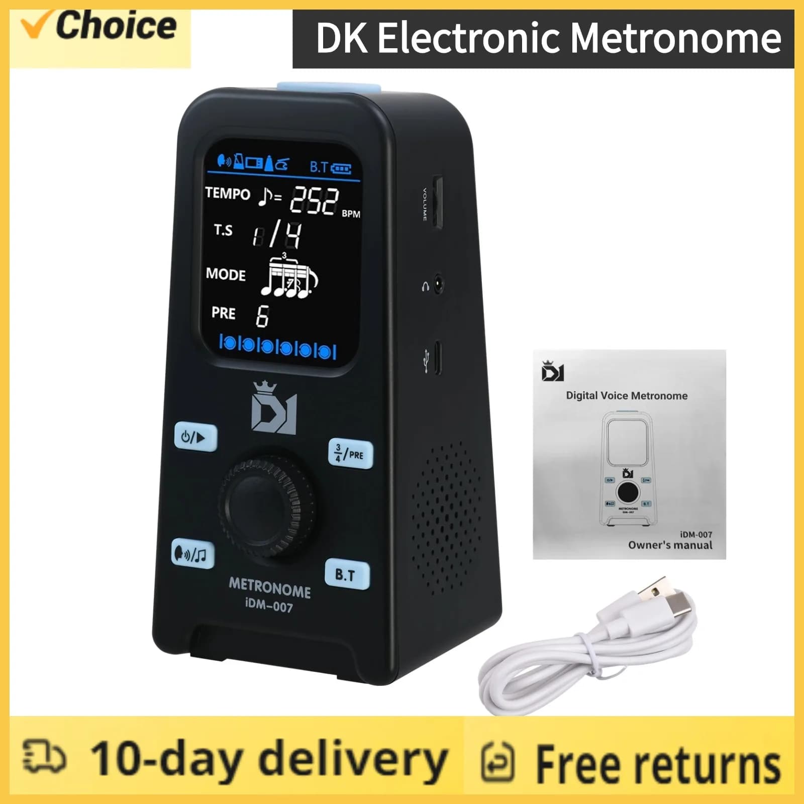 DK-Electronic Metronome BT Speaker, Metrônomo Vocal recarregável para Mini Piano, Guitarra, Bateria, Digital, Volume ajustável