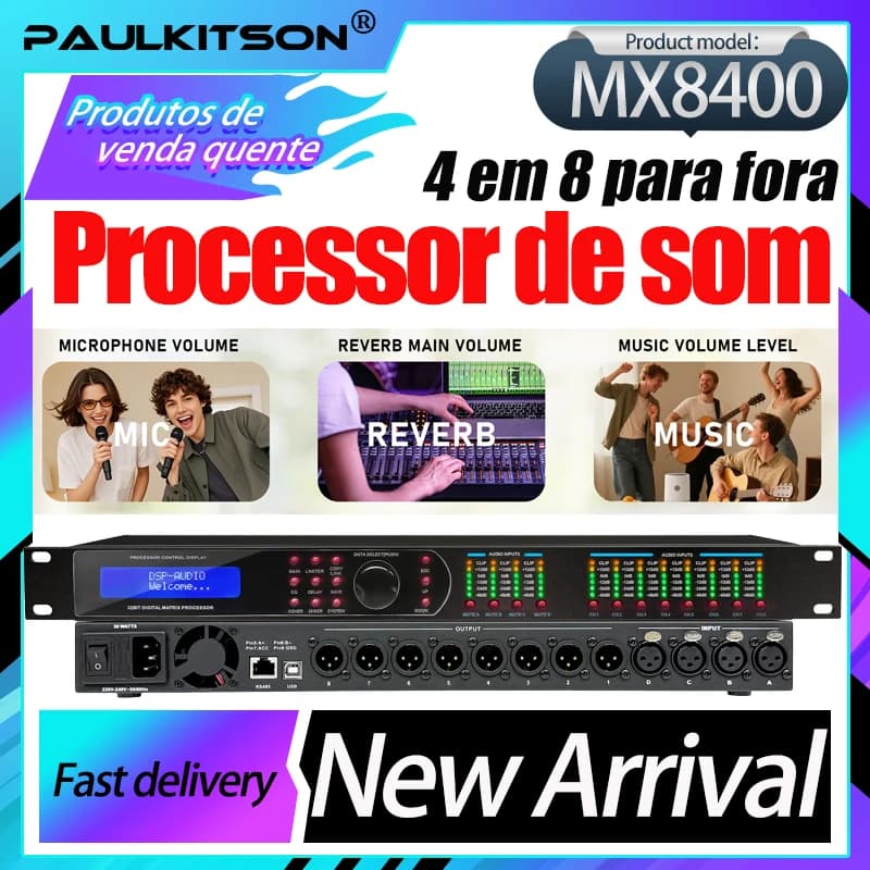 Processador de Áudio Paulkitson MX8400 - 4 em 8 para Fones, Processador de Áudio DPS/48kHz de 32 bits, 4 Entradas e 8 Saídas para Palco
