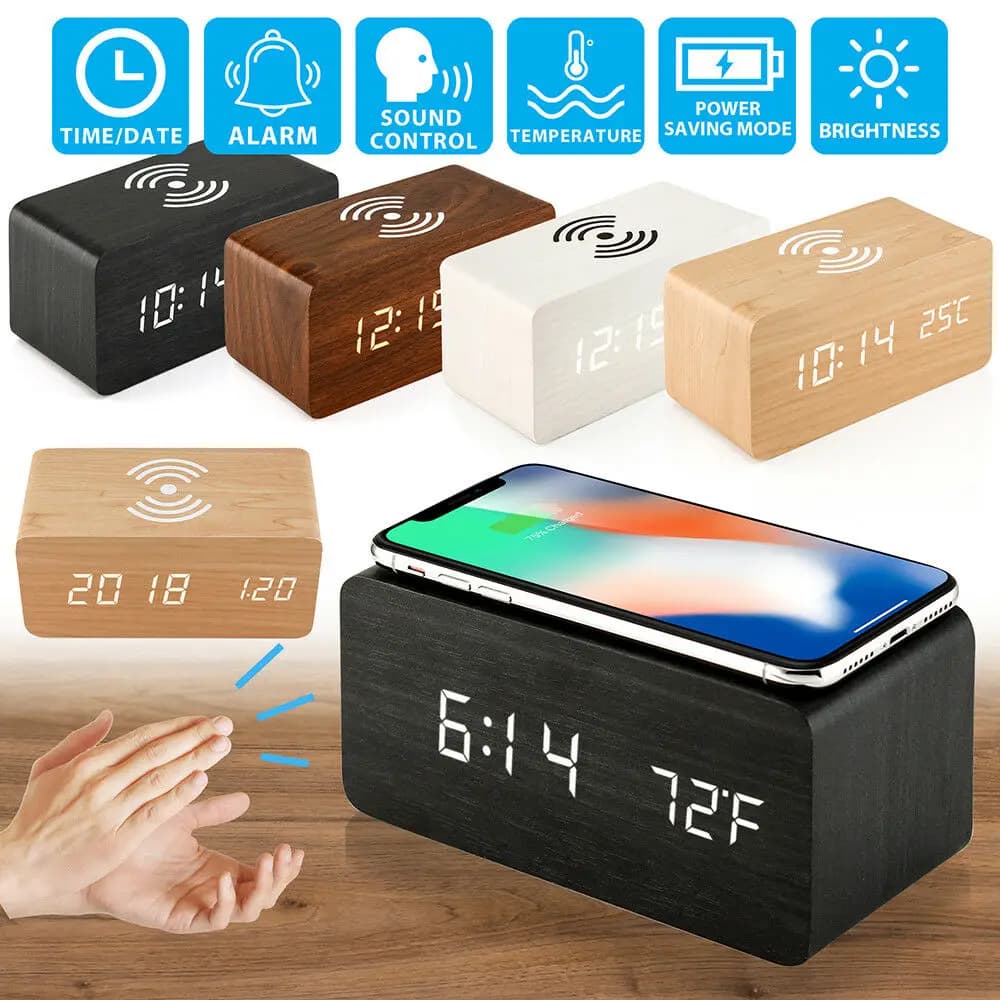 Despertador com almofada de carregamento sem fio qi compatível para iphone samsung madeira função controle som led relógio mesa digital usb