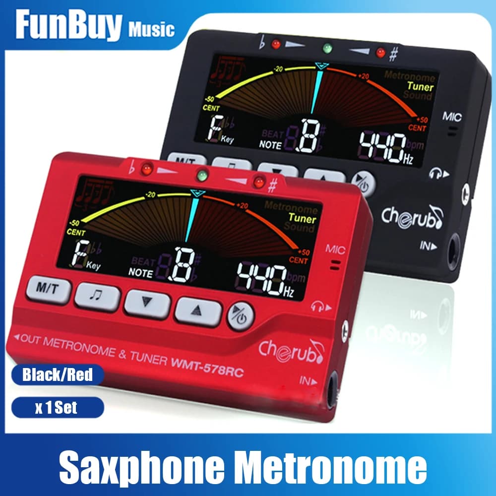Instrumento musical vermelho e preto com visor LCD e microfone embutido