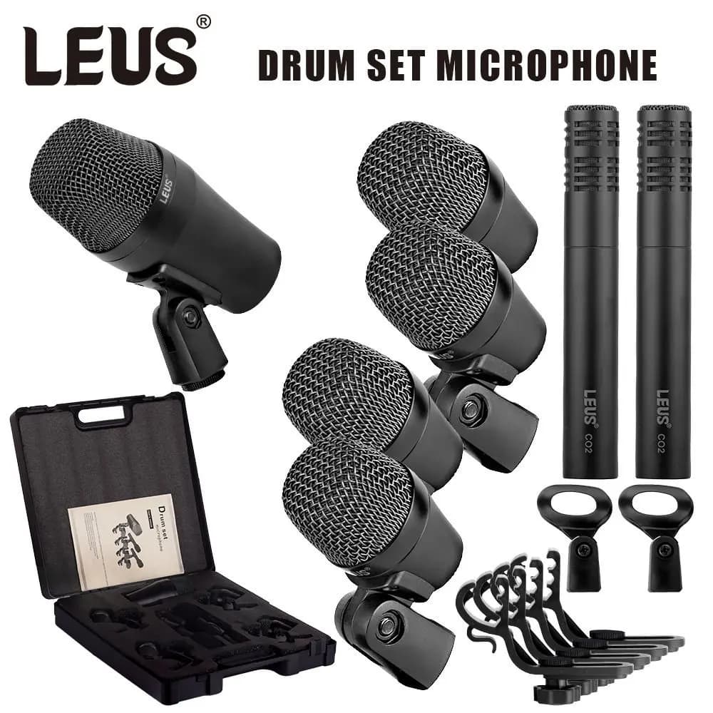 Kit de microfones de tambor Leus com microfones de kick bass, tom, snare e pratos, estojo e suportes
