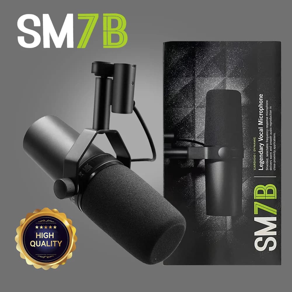 Microfone cardióide profissional SM7B para gravação de vocais ao vivo, preto, com selo de alta qualidade.