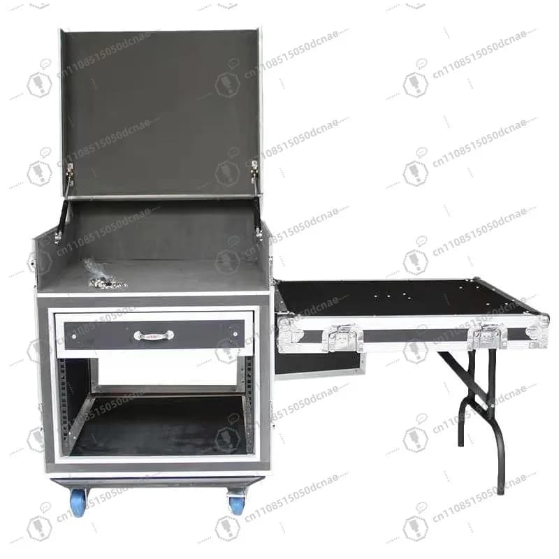 Gabinete de produção profissional 16U para mesa de som e 12U para caixa de ar, com compartimentos internos e rodas visíveis