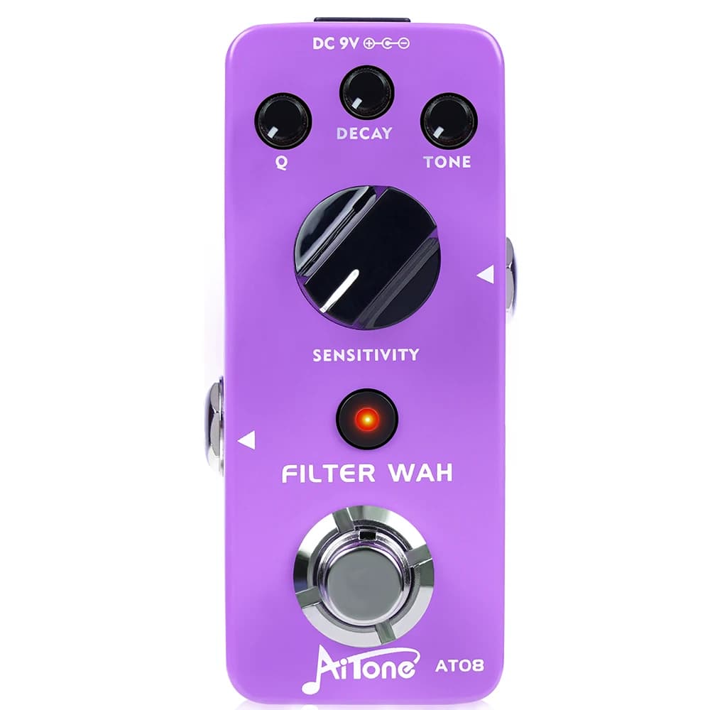 Pedal de efeito Joyo AitOne AT-08 wah, roxo com botões de controle e logo AitOne.