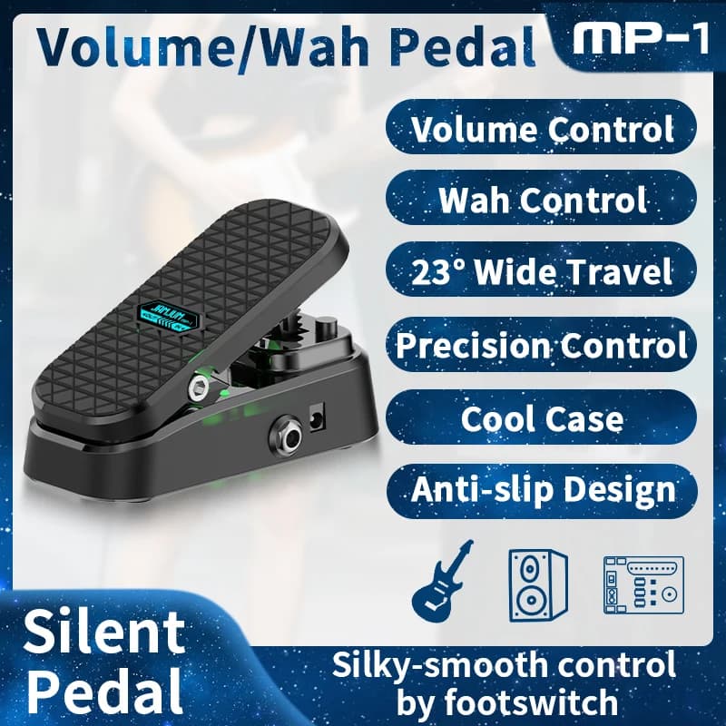 Pedal de volume Wah com slide silencioso, design antiderrapante, preto com controles de volume e wah, entrada de jack, fundo branco.