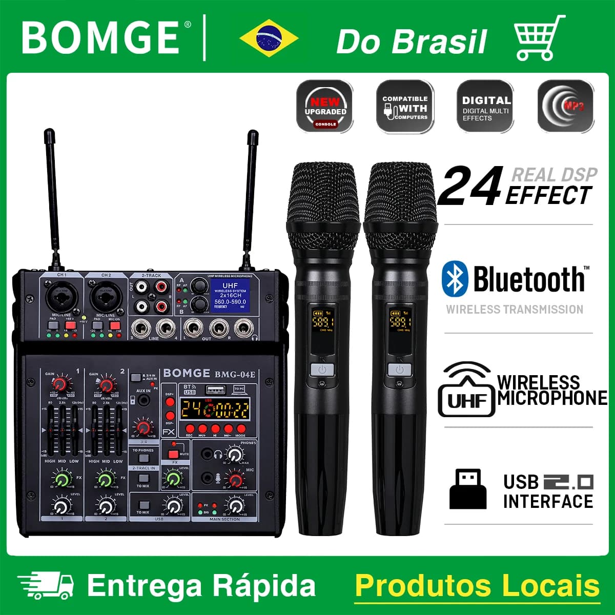 Mesa de Som de Áudio de 4 Canais com Microfone Sem Fio UHF, Console Bluetooth para DJ, Mixagem para Festas, Karaokê e Soundbar