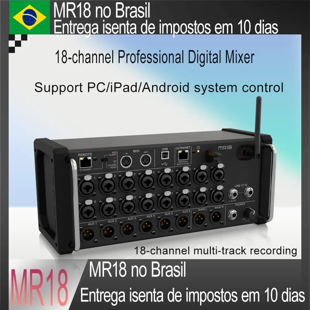 Console de gravação de estúdio digital profissional MR18, 18 canais, controle de sistema PC/iPad/Android, gravação multi-track.