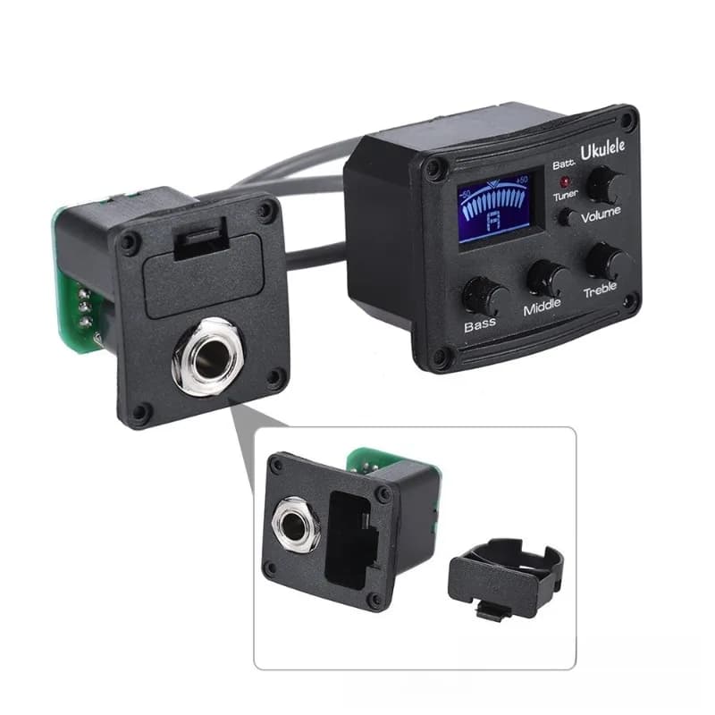 Captador de ukulele mini com afinador LED, preto, quatro parafusos, acessórios musicais.