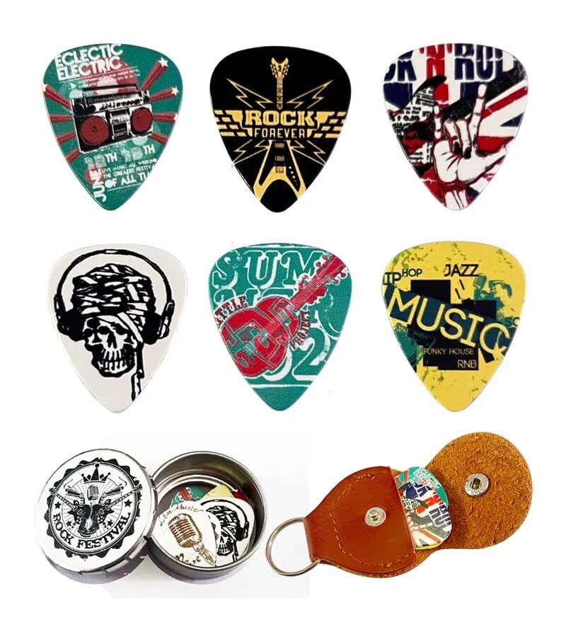 Palhetas de guitarra 6 peças palhetas de guitarra de celulóide legais em uma caixa com suporte de palhetas presente exclusivo para guitarra