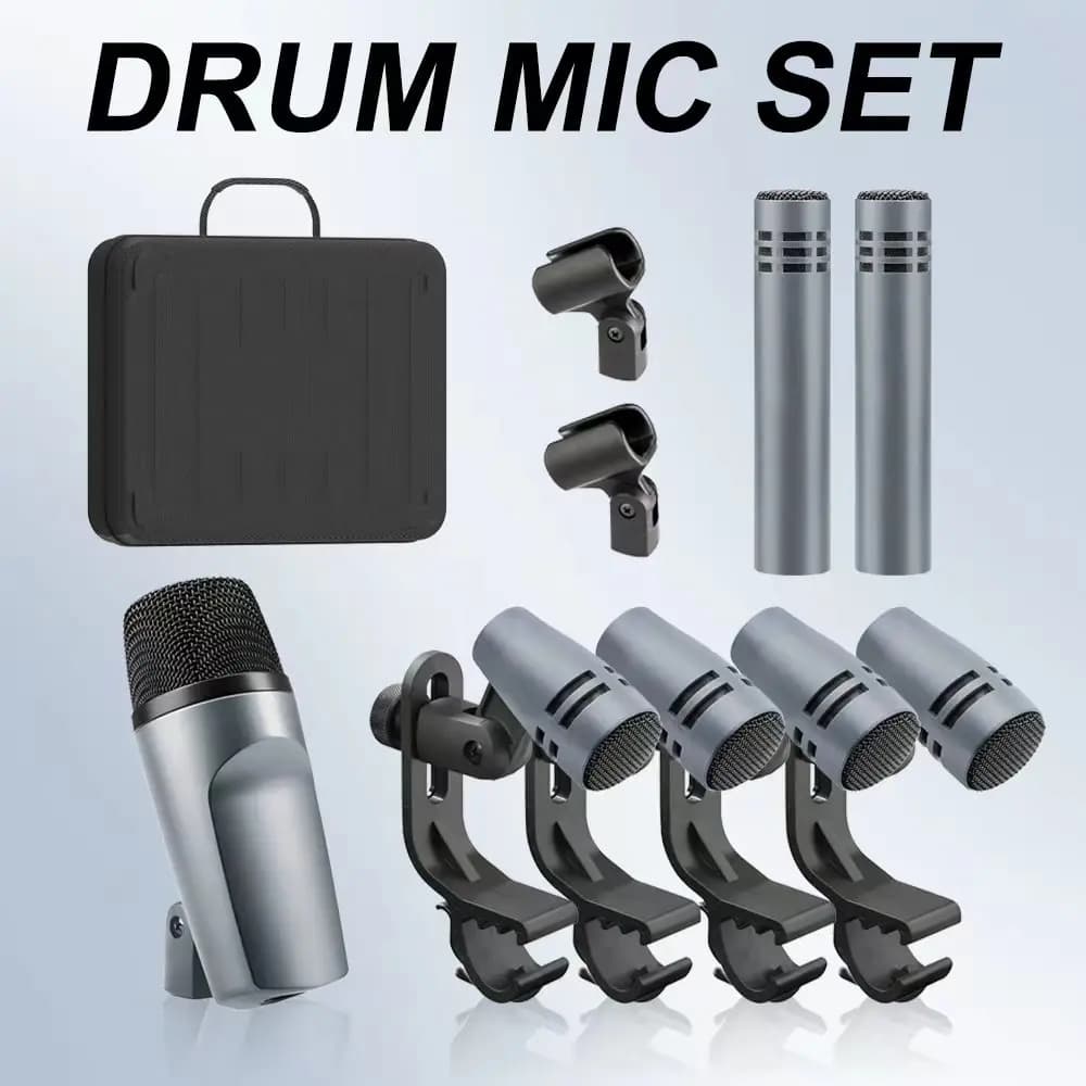 Kit de microfones dinâmicos com fio para bateria, voz, banda, DJ, palco e instrumentos, com estojo de transporte preto.