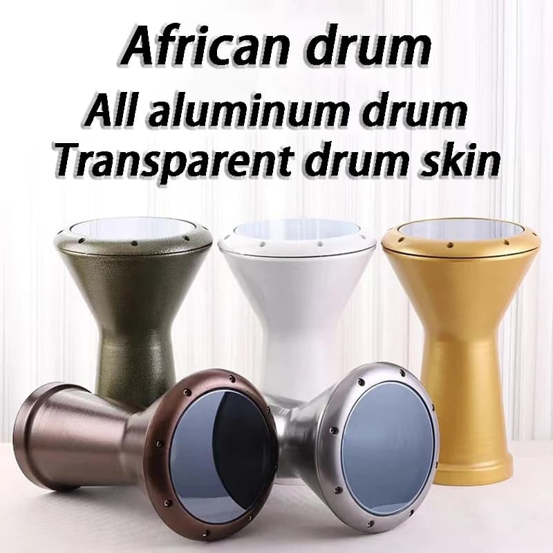 Tambor africano de alumínio com pele transparente, quatro cores diferentes, fundo branco com texto.