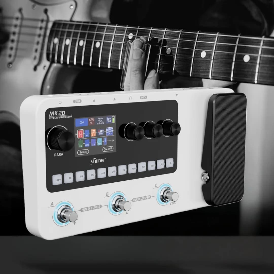 Pedal processador de multi-efeitos MK20 branco com display LCD e controles rotativos