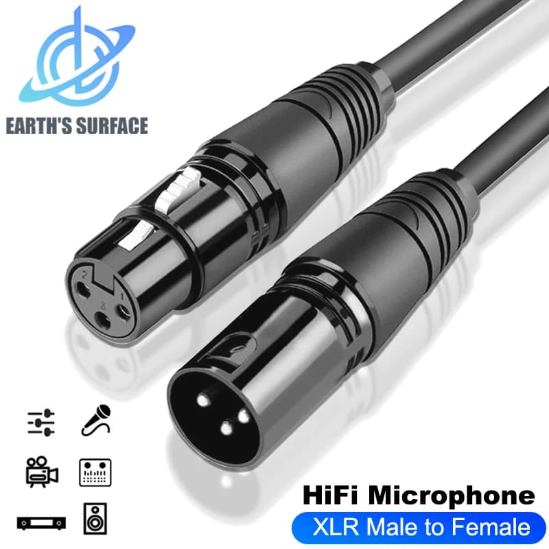 Cabo de áudio XLR macho para fêmea preto para microfones e amplificadores