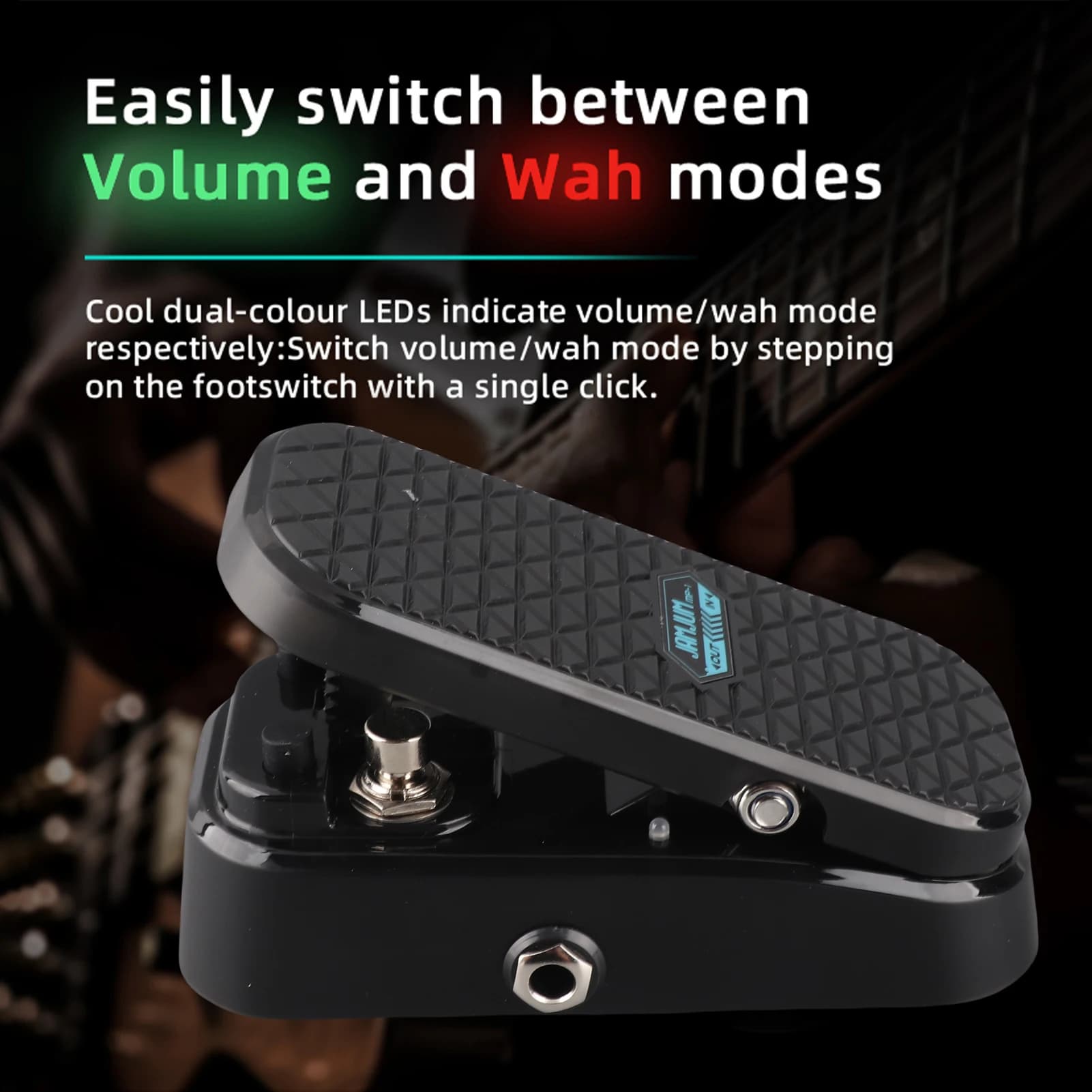 Pedal de volume para guitarra Wah com modos de volume e Wah, indicação LED azul