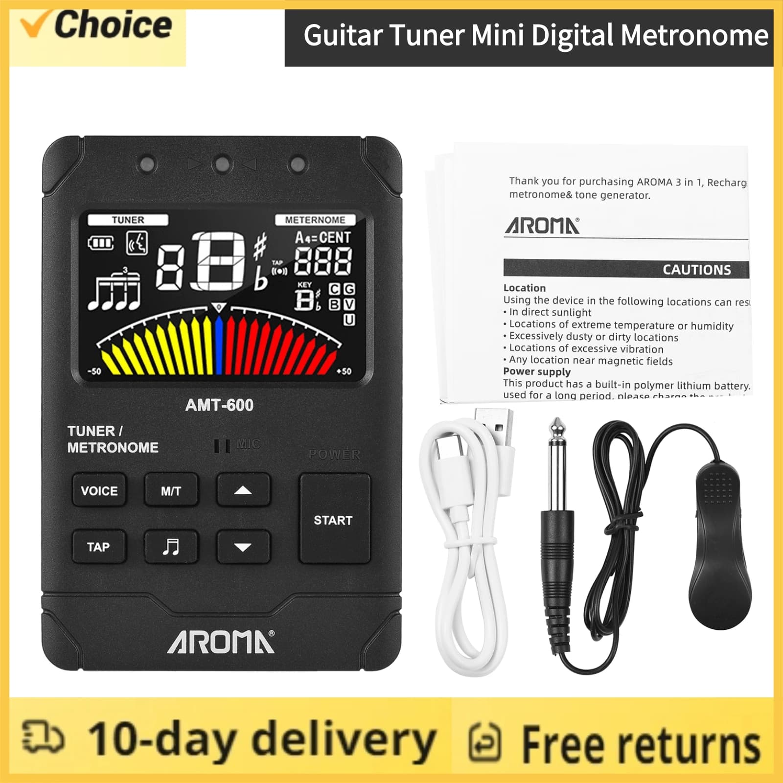 Sintonizador de guitarra aromaterapia e metrônomo, gerador de tom, recarregável 3-em-1, LCD colorido, AMT-600, 2,5"