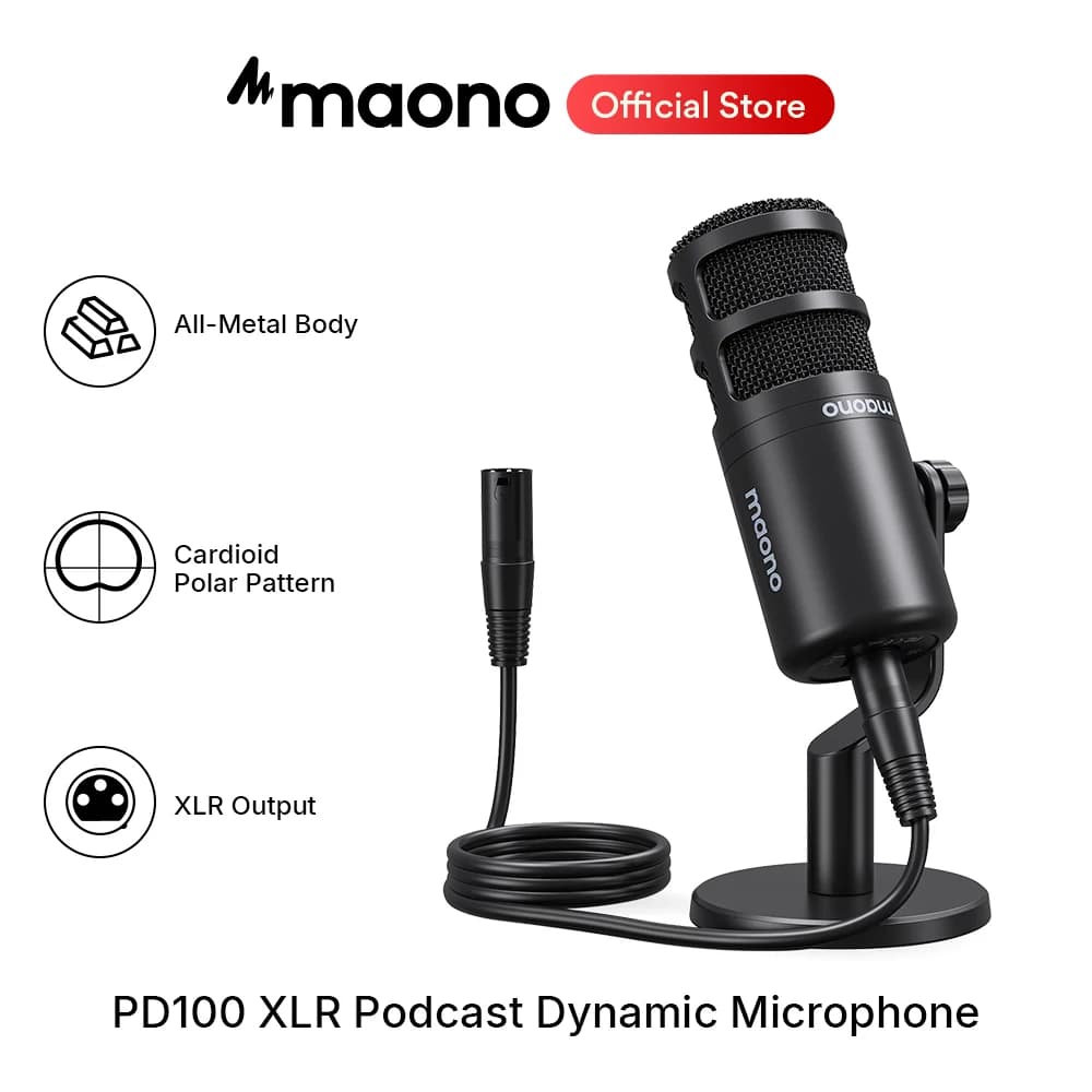 Microfone dinâmico XLR Maono PD100 em metal preto, ideal para jogos e streaming.