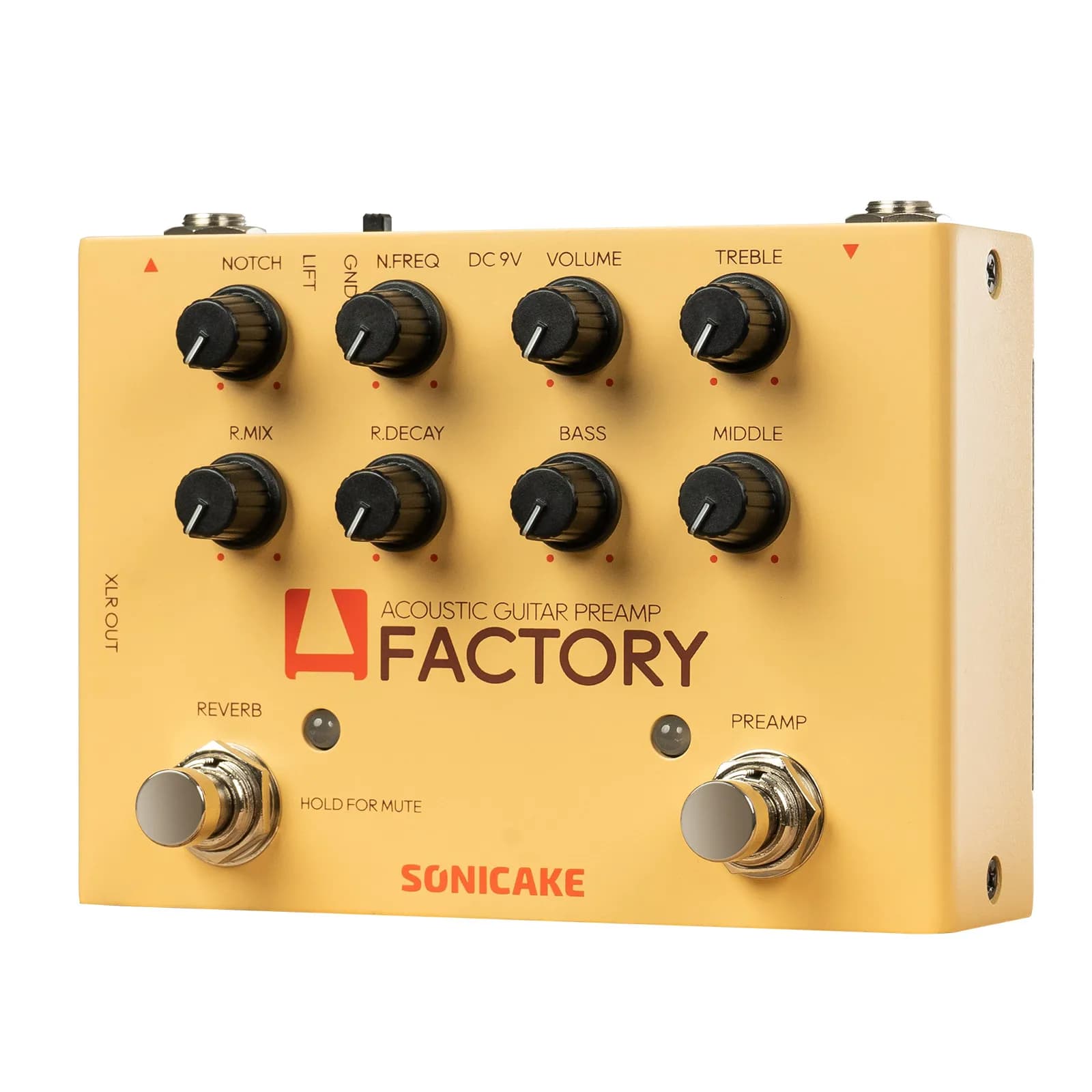 Pedal de efeitos de guitarra Sonicake A Factory, amarelo, com ajustes de notch, lift, nfreq, dc 9v, volume, treble, r mix, p decay, bass, middle, reverb, hold for mute.