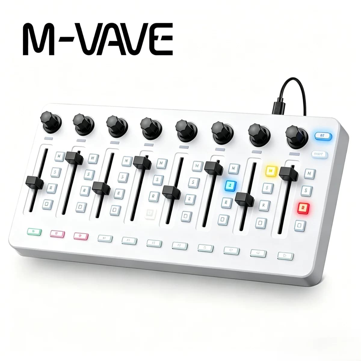 Controlador de Teclado MIDI USB Portátil M-VAVE SMC-MIXER Branco, 8 Faders, Indicador LED, 43 Botões Retroiluminados, 8 Knobs Infinitos