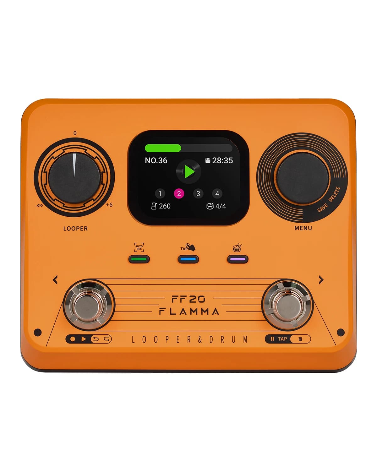FLAMMA FF20 Pedal de efeitos para máquina de tambor de guitarra Looper de 300 minutos, 220 ranhuras de bateria, 100 slots de loop Função de gravação automática