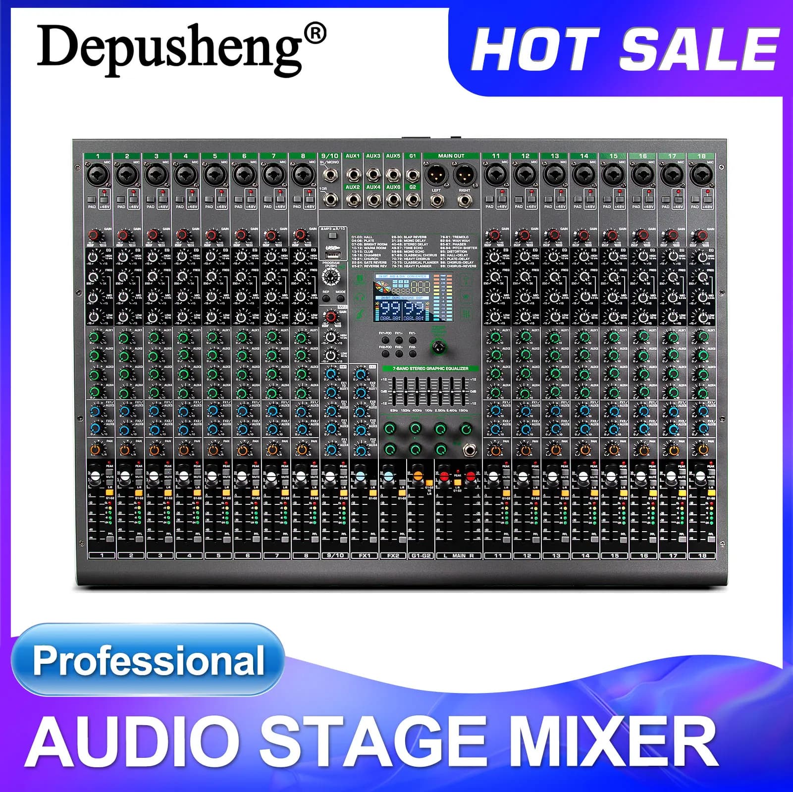 Mixer Digital Profissional Depusheng com 18 canais, chip de reverberação de 99 bits, Bluetooth, USB, MP3 para palco, bar, estúdio e DJ.